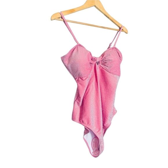 Betsey Johnson Barbie Pink Metallic Glitter Sweetheart Bow Keyhole Swimsuit - Picture 9 of 12